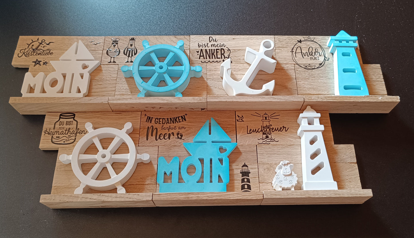 Kombinierbare Holzelemente mit Maritimen Keramikguss-Motiven
