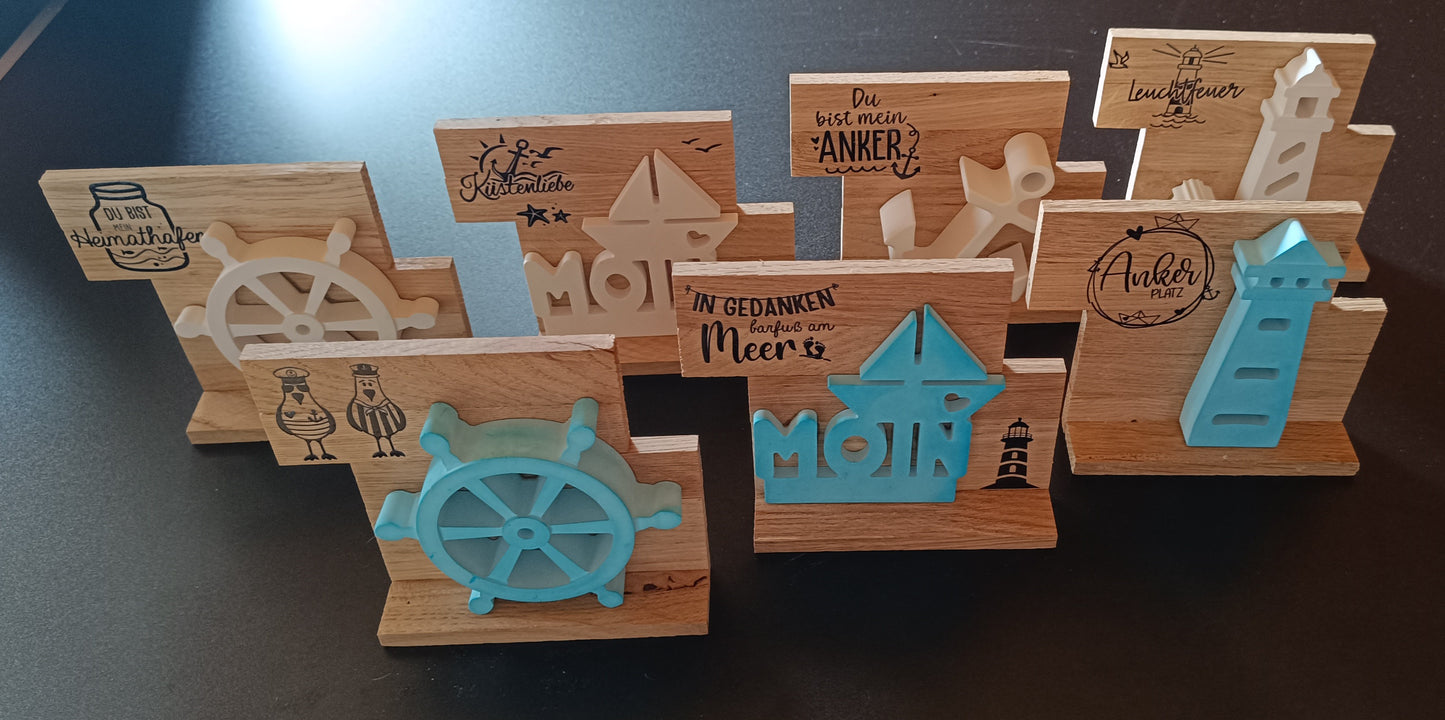 Kombinierbare Holzelemente mit Maritimen Keramikguss-Motiven