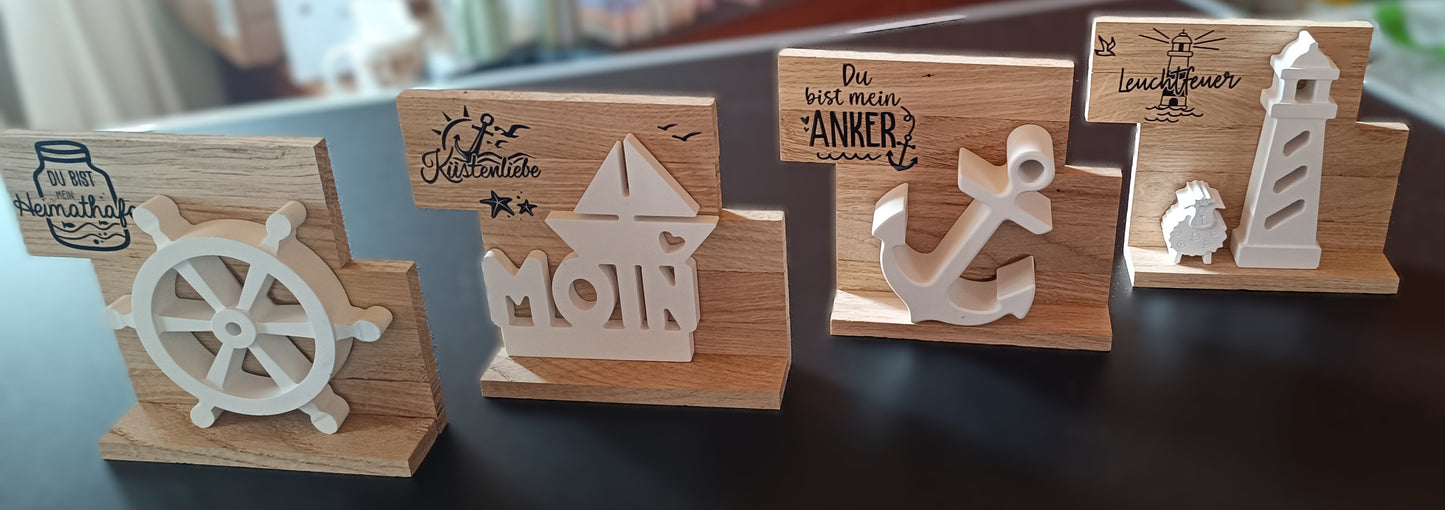 Kombinierbare Holzelemente mit Maritimen Keramikguss-Motiven
