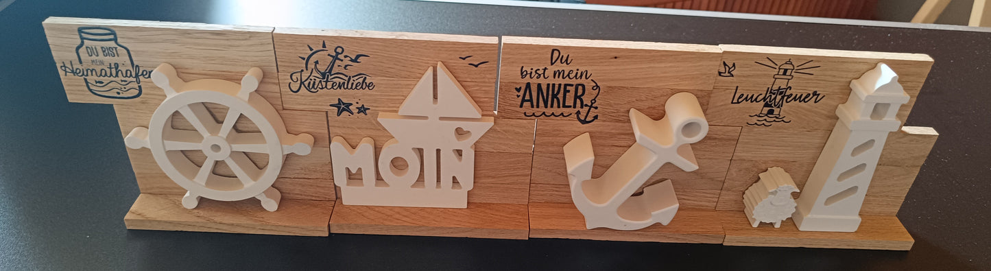 Kombinierbare Holzelemente mit Maritimen Keramikguss-Motiven
