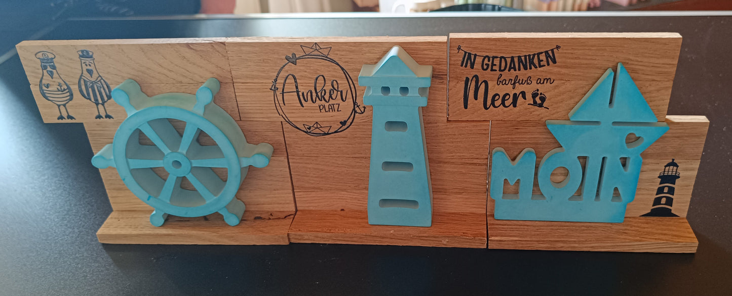 Kombinierbare Holzelemente mit Maritimen Keramikguss-Motiven