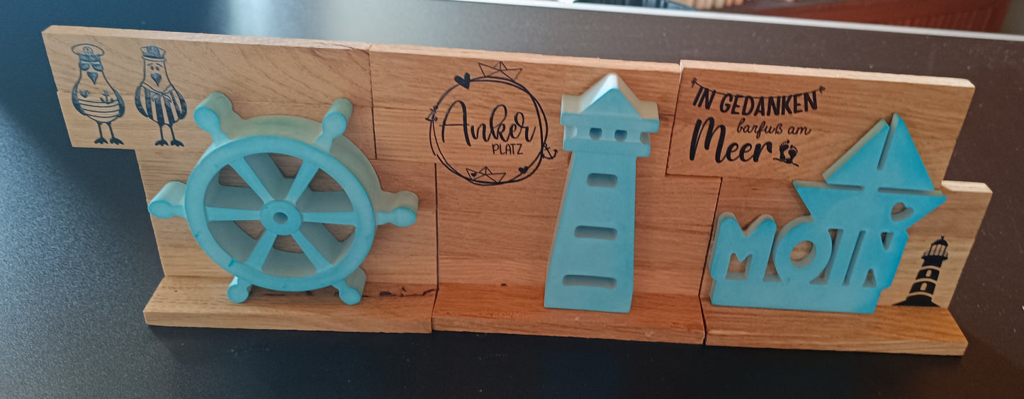Kombinierbare Holzelemente mit Maritimen Keramikguss-Motiven