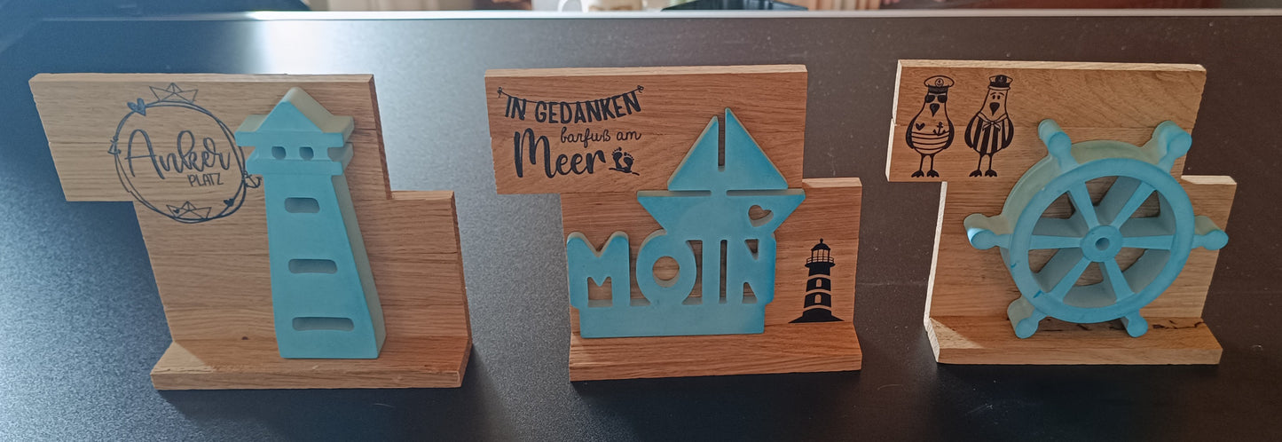 Kombinierbare Holzelemente mit Maritimen Keramikguss-Motiven