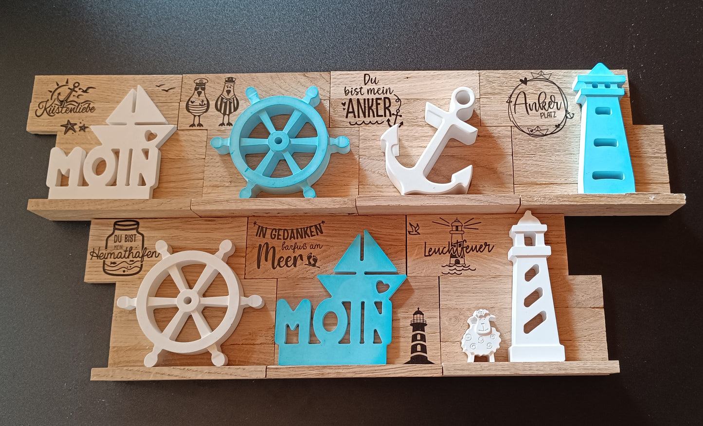 Kombinierbare Holzelemente mit Maritimen Keramikguss-Motiven